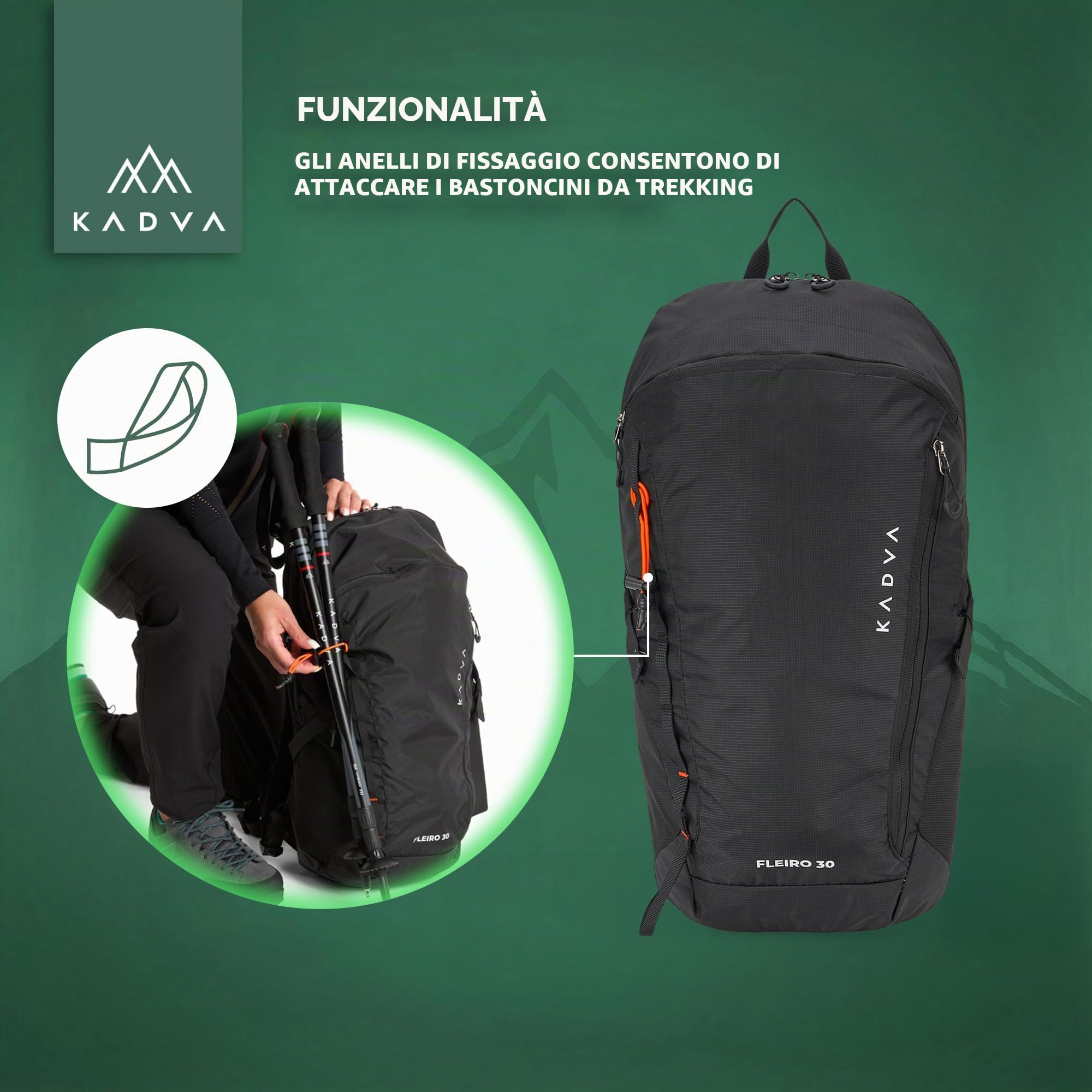 KADVA – Zaino da Trekking Fleiro 30 L con Schienale ventilato e Telaio, Accesso dal Basso al comparto Principale, Tasca per idratazione e Copertura Antipioggia Integrata
