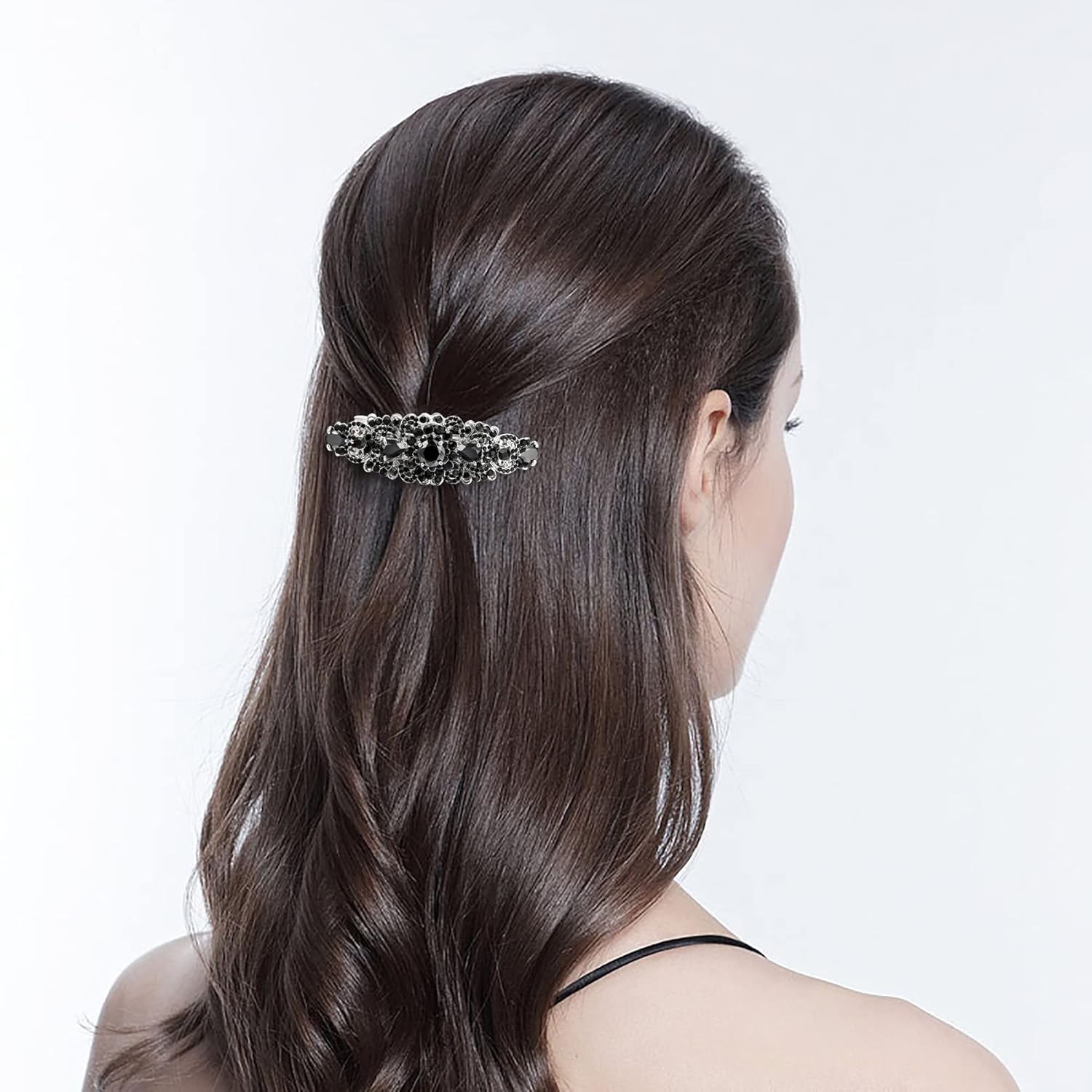 EVER FAITH Bridal Hair Accessory for Bride, Austrian Crystal CZ Art Deco Flower Vine Barrette Clip for Women Black Silver-Tone