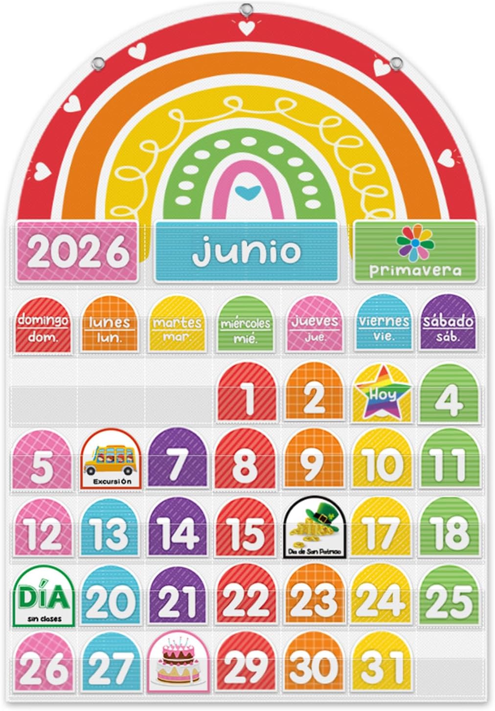 Mewise Rainbow Calendar Pocket Chart for Classroom & Home with 96 Activity Cards-Daycare Learning/Preschool/Homeschool/Focus Board/Classroom Decor Calendar/Early Learning (Spanish)