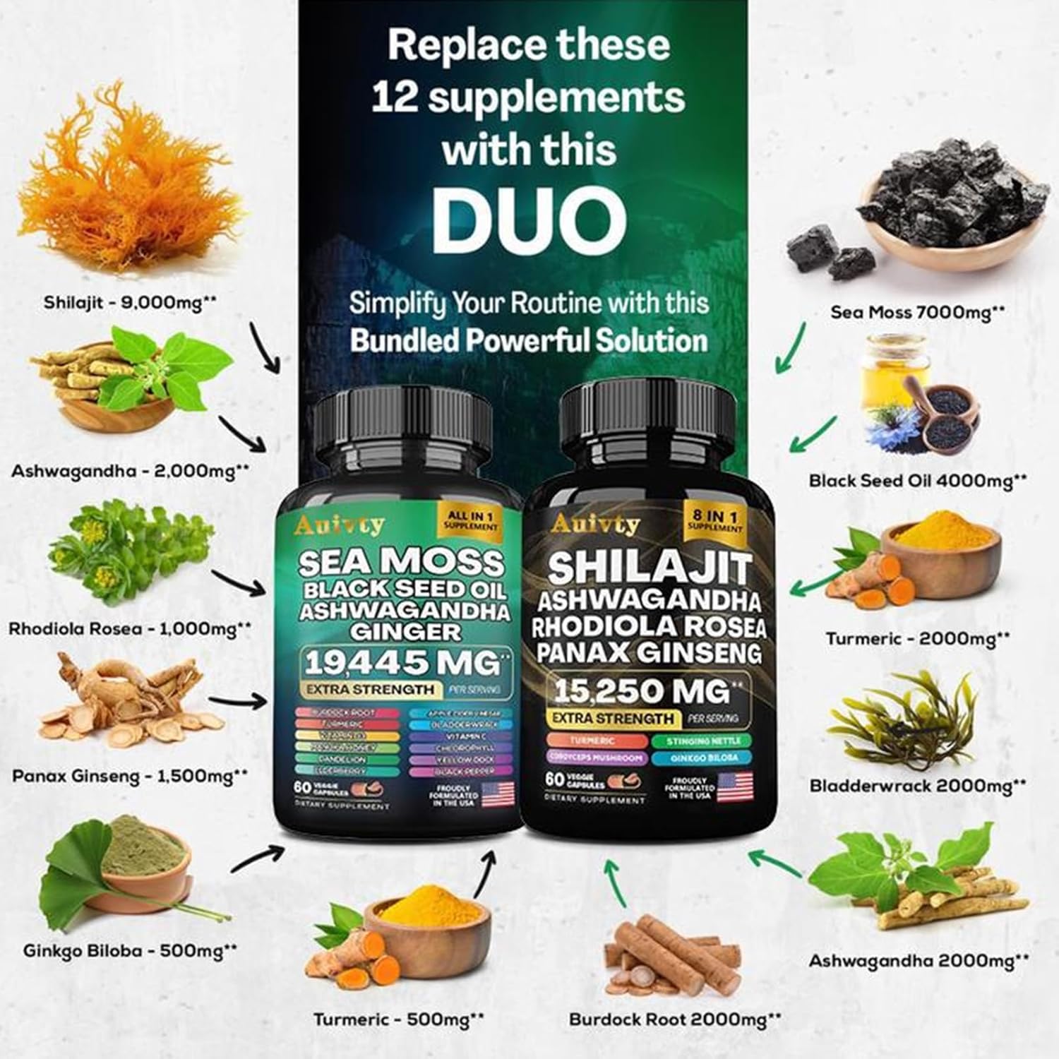 Herbal Wellness Bundle – Sea Moss Complex 19,445mg + Shilajit Complex 15,250mg – Extra Strength 2-in-1 Supplement Pack with Ashwagandha, Ginseng & Botanicals – 2 Bottles, 120 Vegan Capsules - Image 3