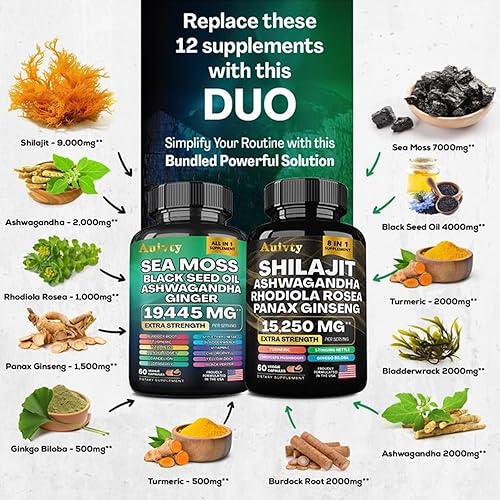 Miniatura 3 de Paquete de bienestar herbario  Complejo de musgo marino 19,445 mg + complejo Shilajit 15,250 mg  Paquete de suplemento 2 en 1 extra fuerte con