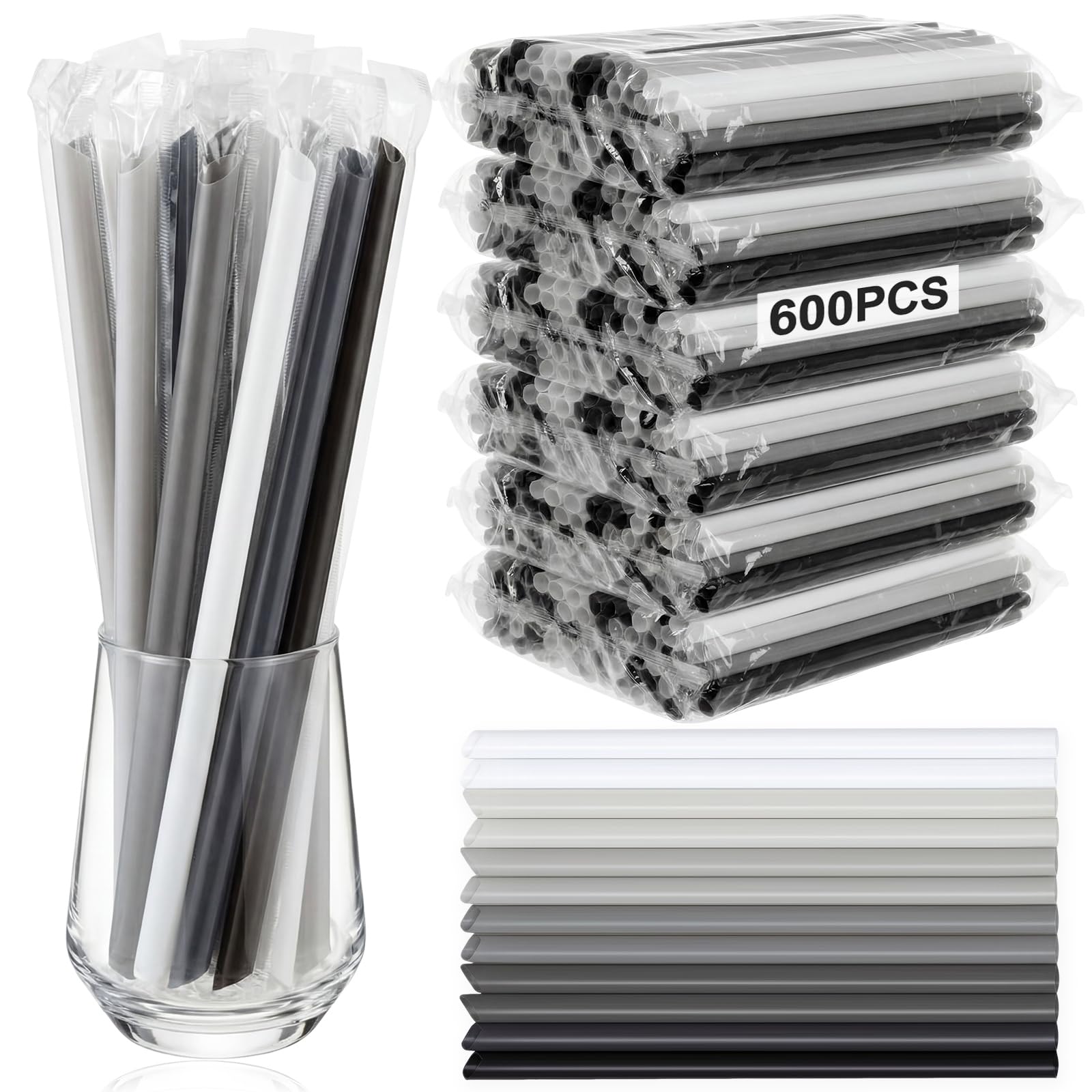 Tessco for You 600 Pcs 9.84 Inch Boba Straws 10mm Wide Black, White, Grey