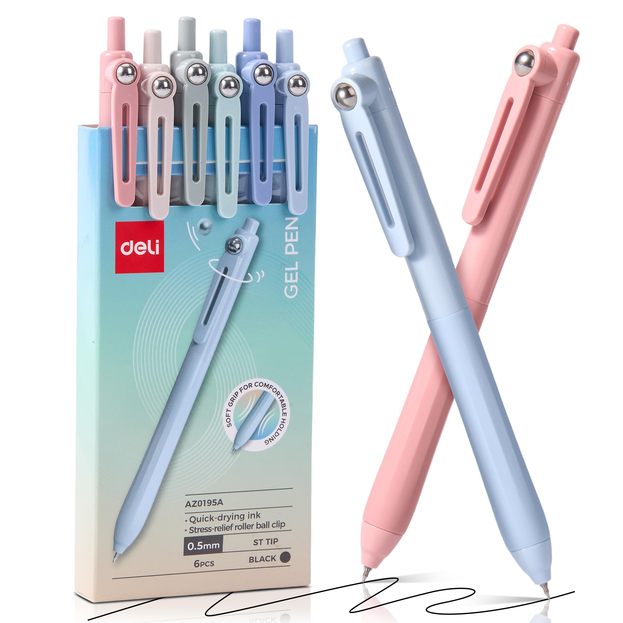 deli Gel Pens 6 Pack 0.5 mm Black Ink Stress-Relief Roller Ball Clip