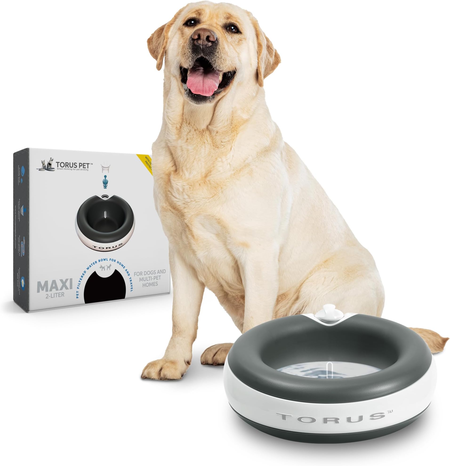 Torus PetMAXI Filtered Water Bowl (Charcoal)- 2 Liter - Home and Travel Bowl - Autofill - Portable - No Spill - Antimicrobial - BPA-Free - Dog - Cat