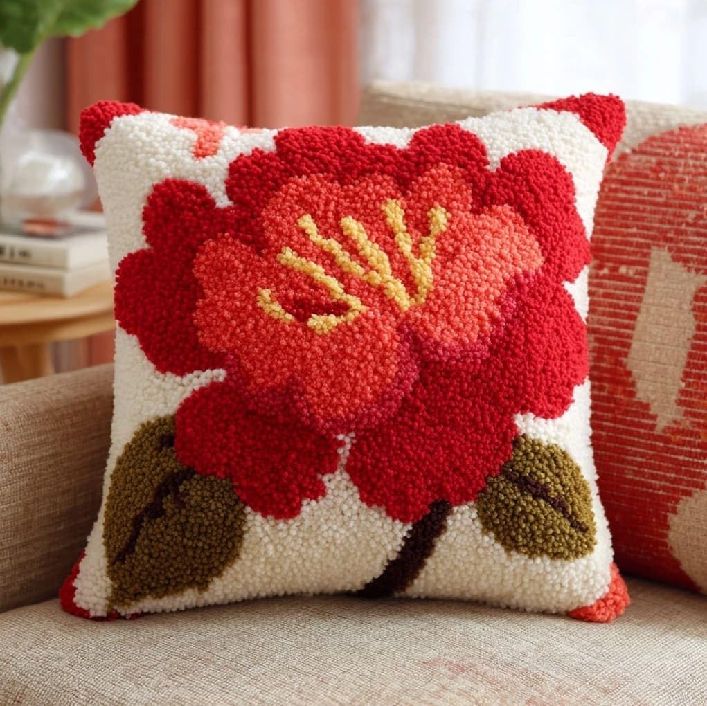 AxiangziK Latch Hook Cushion Kit for Beginners,Red Flowers
