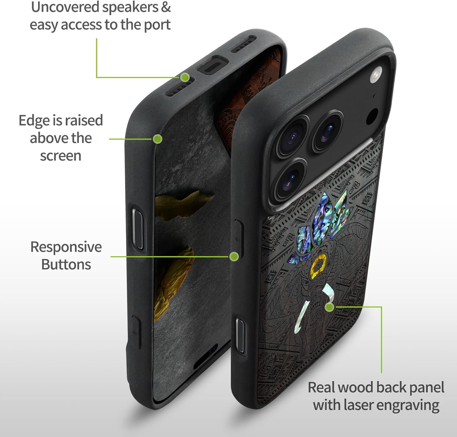 Carveit Magnetic Case for iPhone 17 Pro Max Case, Wood Artisan Engraved & Handmade Shell Inlaid, TPU Shockproof Cover, Compatible with MagSafe Wireless Chargers (African Elephant-Blackwood)