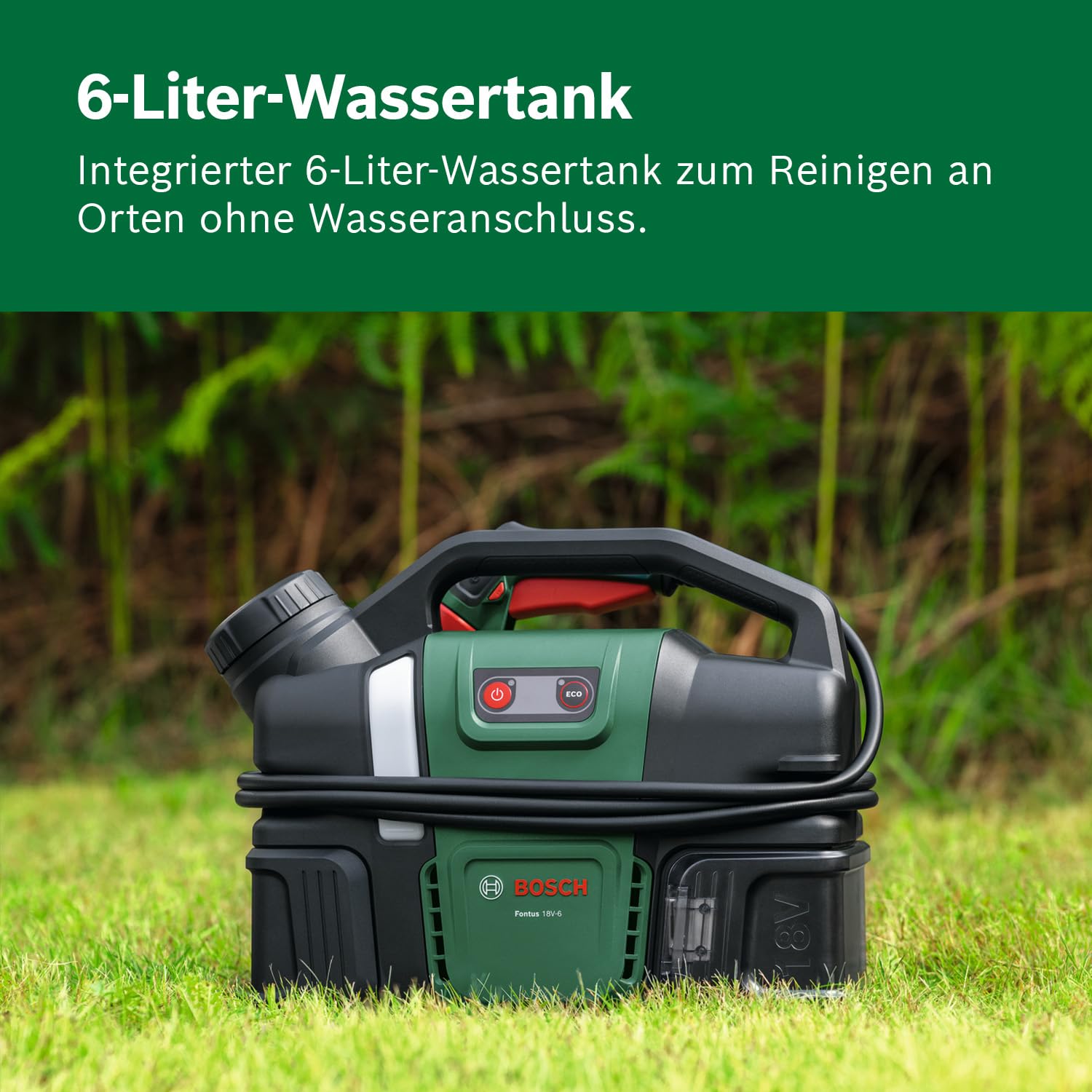 Bosch Akku-Druckreiniger Fontus 18V-6 für Fahrräder (mobil, mini, 6-Liter-Wassertank, 8 Druckstufen, Aufbewahrung für Schlauch und Pistole, inkl. 1 x 2,0 Ah 18V Akku und Ladegerät)
