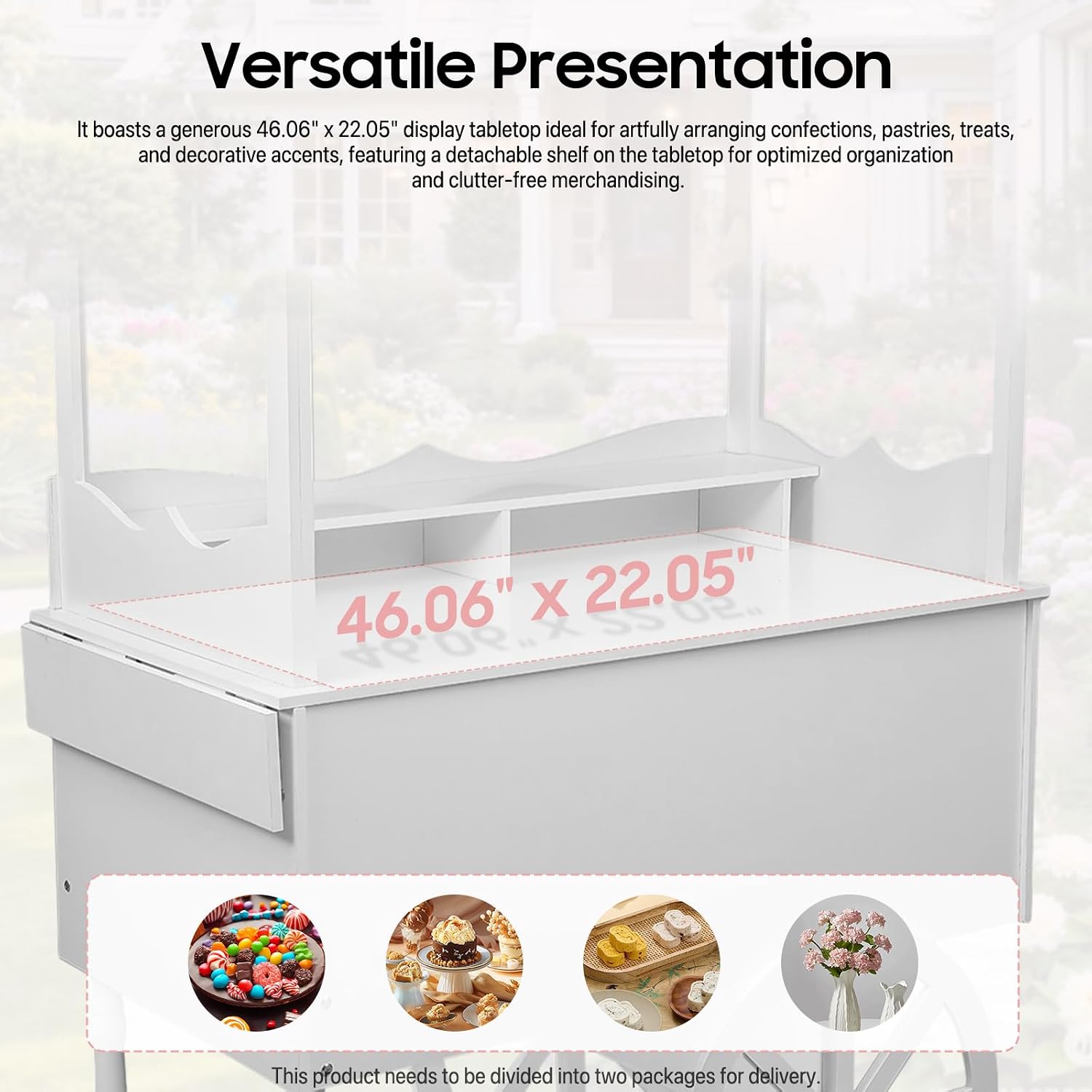 Candy Cart Display Stand, Natural Wooden Tabletop Dessert Display Sweet Stall PVC Candy Cart with Wheels for Birthdays Weddings & Vendor Displays (46.06 * 22.05 * 70.08In)