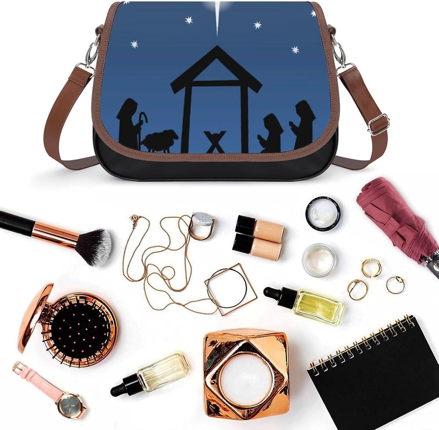 Christmas Nativity with Bible VerseWomen's Faux Leather Crossbody Bag, Waterproof Wrinkle-Resistant Shoulder Bag with Detachable Strap, Large Capacity Casual Handbag, Fashion Daily Purse for Shopping