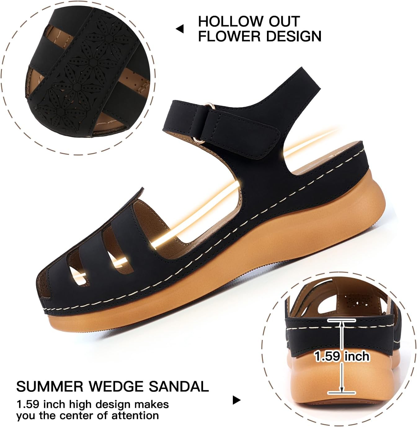 SHIBEVER Closed Toe Sandals Women: Summer Dressy Wedge Comfort Leather Sandal Black Walking Comfy Womens Sandals - Image 4