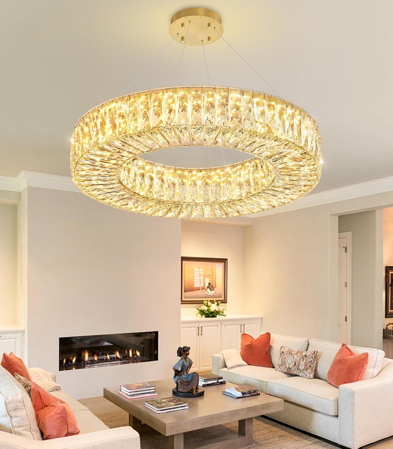 24 Inch LED Chandeliers for Dining Room Modern Crystal Ceiling Chandelier Hanging Lighting Fixtures for Living Room Bedroom Hallway LED Dimmable Lights Interior Rooms Light Gold