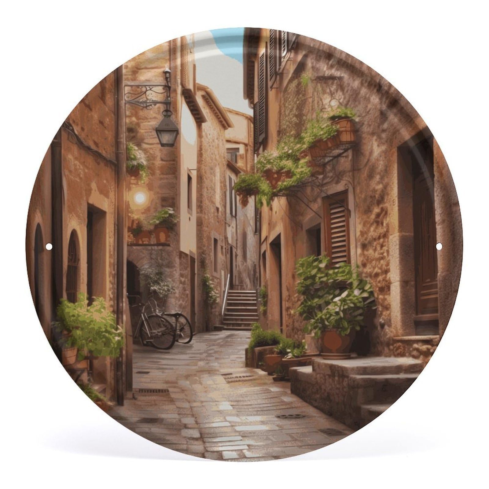 Fodpand Style Italian Street Round Wall Art Hanging Decorations, Wall Decor Modern Minimalist Artwork, Tin Sign Hanging Picture For Living Room, Bedroom, Office, Hallway, 11.8X11.8 Inch