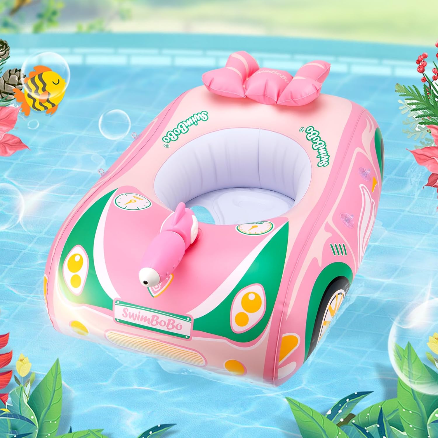 Swimbobo Toddler Pool Float Pink Inflatable Airplane Car Baby Swim Float with Water Gun and Safety Seat Pool Toys for Kids 3+ Years Old