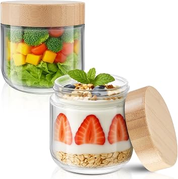 Tecohouse 12 oz Chia Pudding Jars with Lids 2 Pack Overnight Oats containers with Bamboo Lids Mason Glass Jars For Salad, Meal Prep Food Storage, Snacks, Spice, Suger, Yogurt