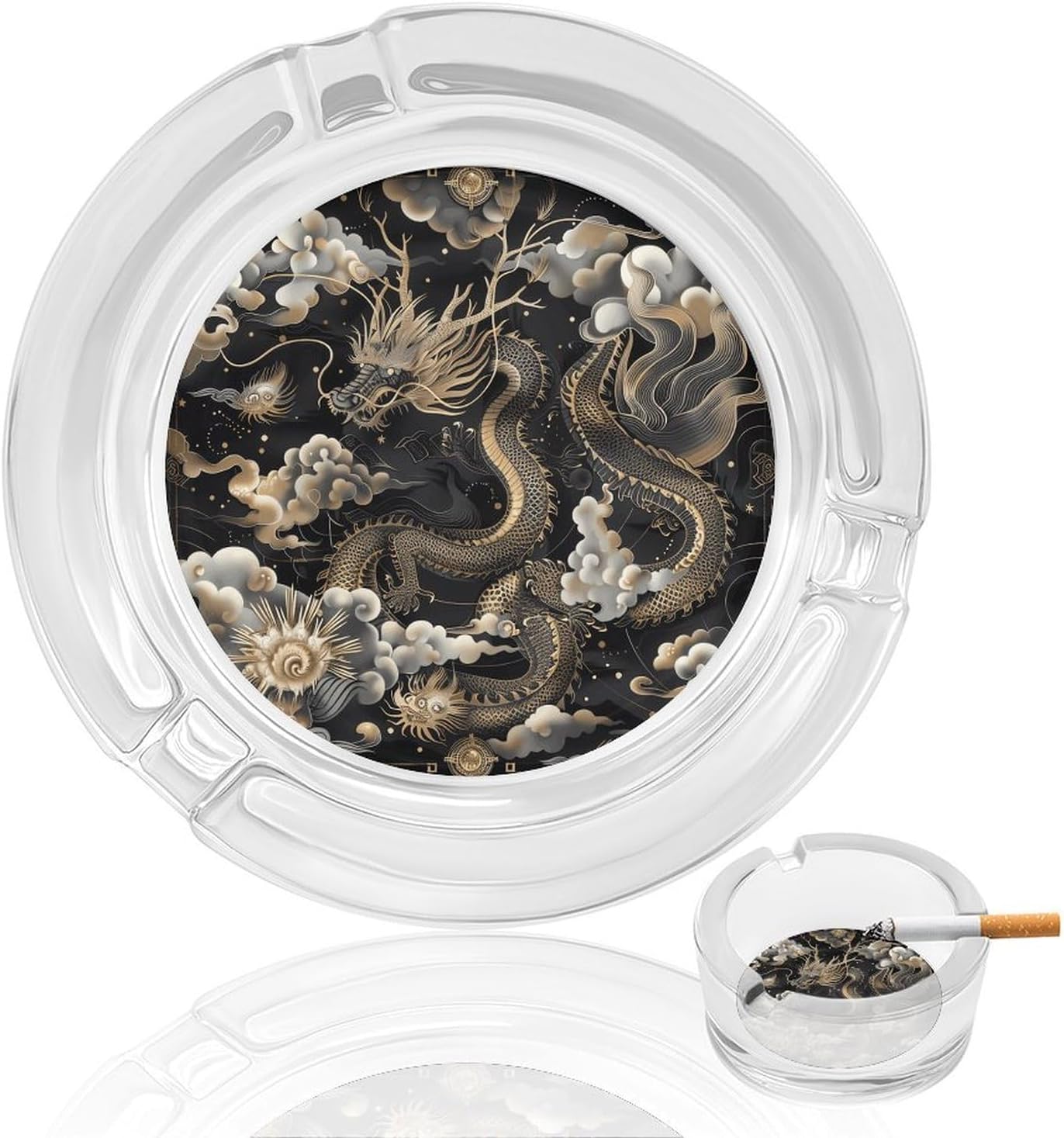 Black Chinese Dragon Round Clear Glass Ashtray Thickened Crystal Glass Ashtray Portable Windproof Desktop Cigarette Ash Tray for Home Office Bar Patio Decor