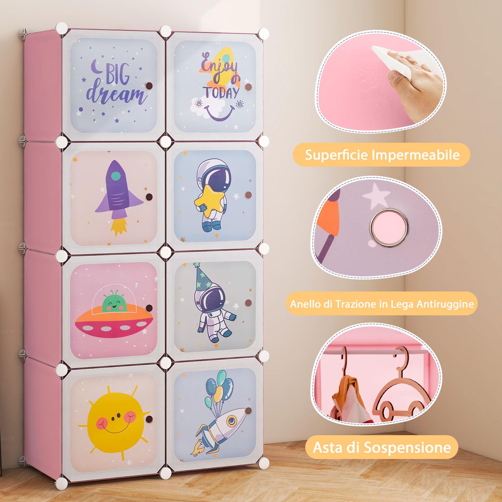 COSTWAY Armadio Portatile per Bambini, Organizzatore Modulari per Bambini a 8 cubi con Ante e Sezione Appendiabiti, Guardaroba Portatile per Sala Giochi Camera da Letto Asilo, 71x35,5x142 cm (Rosa)