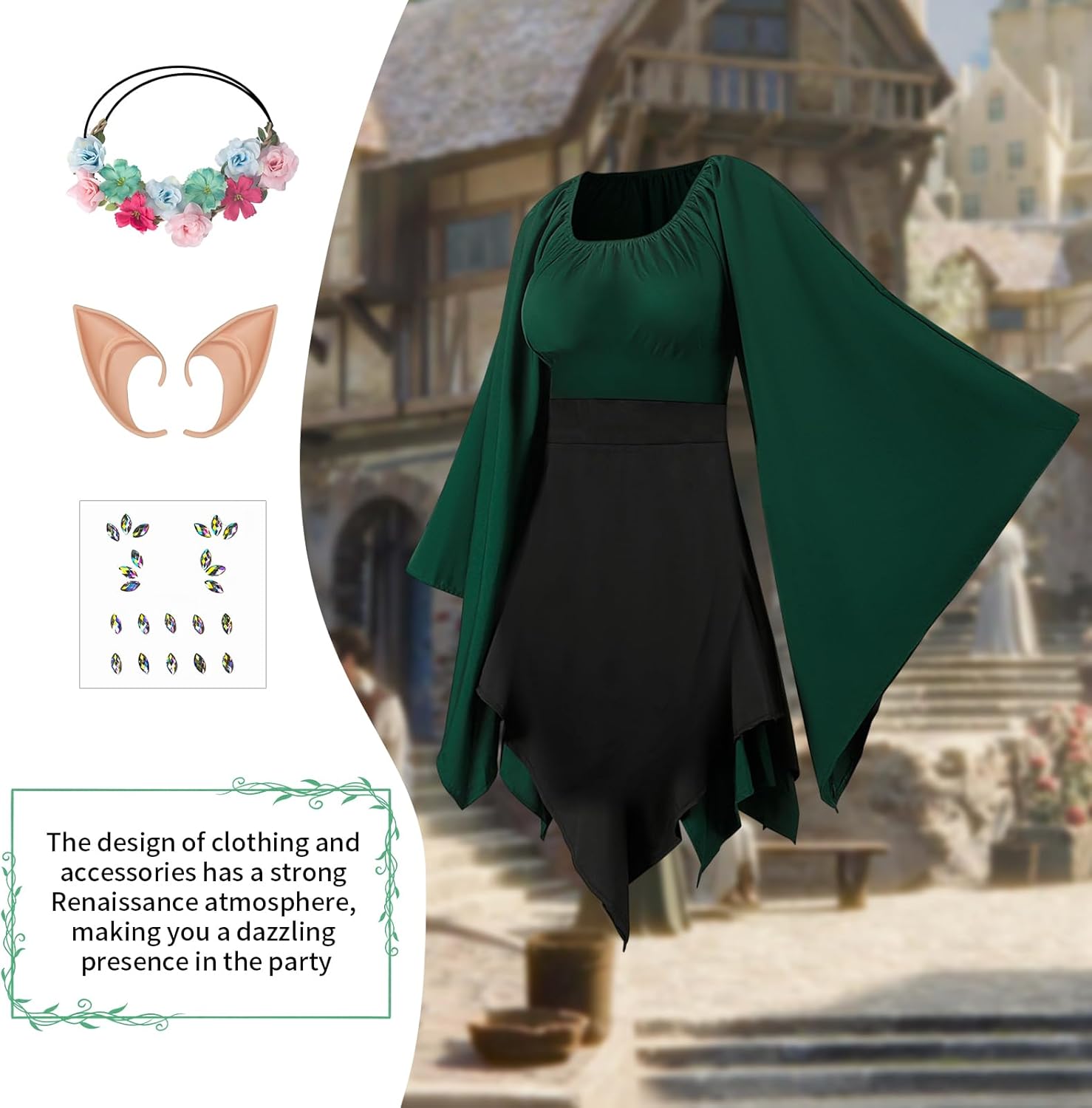 6Pcs Women Elf Costume Renaissance Traditional Irish Fairy Dress With Elf Accessories Set for Halloween Cosplay - Image 3