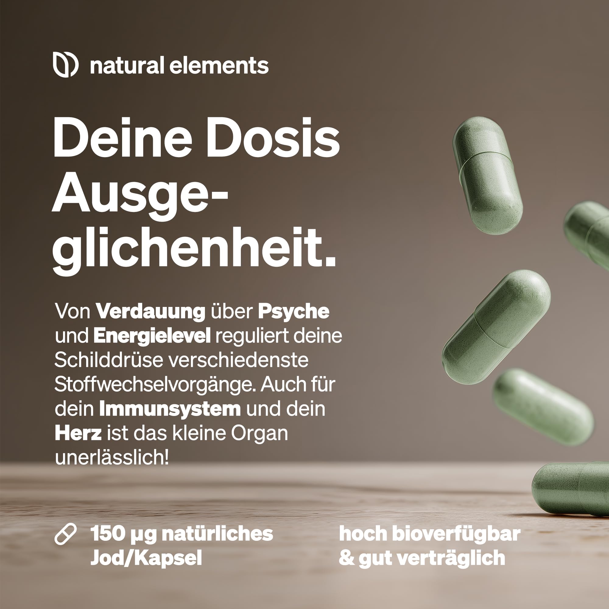 natural elements Jod aus Bio-Kelp – 365 Kapseln – 150µg Jod aus Braunalgen – Bio-Qualität für die Schilddrüse – vegan, hochdosiert, ohne unnötige Zusätze – in Deutschland produziert & laborgeprüft