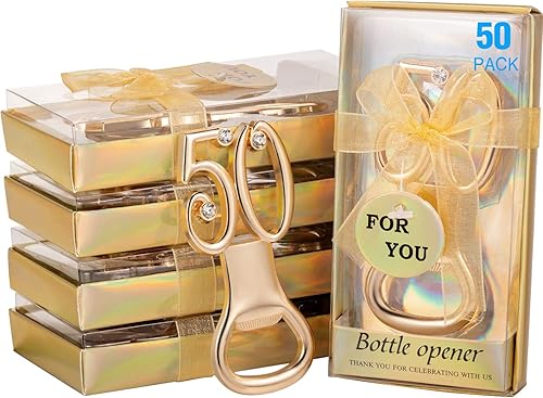 Boao 50 unidades de abrebotellas de cumpleaños, recuerdos de fiesta, recuerdos de cumpleaños, aniversario de boda para invitados, abridor de Dorado
