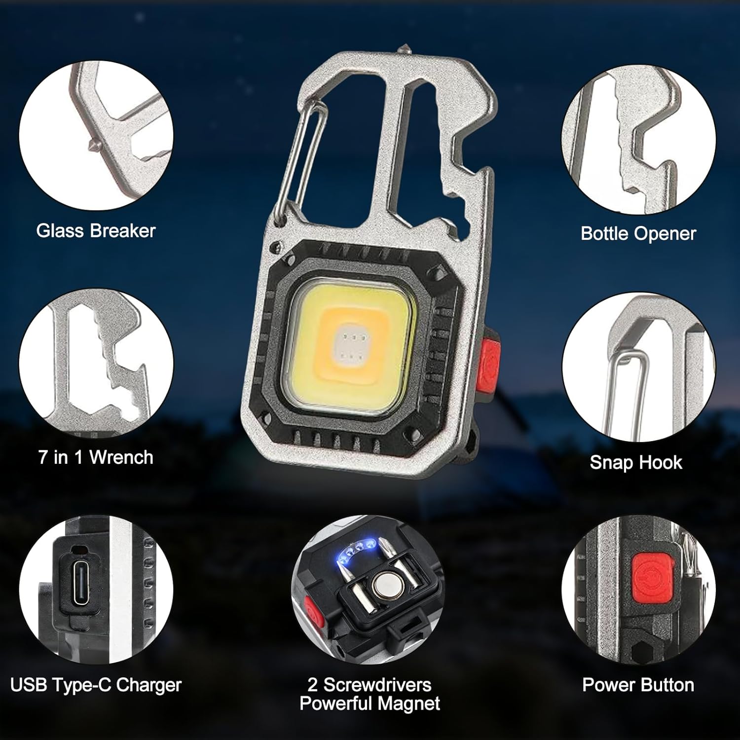 MAKDAK Cob Keychain Work Light - 2PC EDC Keychain Flashlight Rechargeable, Super Bright Flashlight for Car Repair, Emergency(Silver)