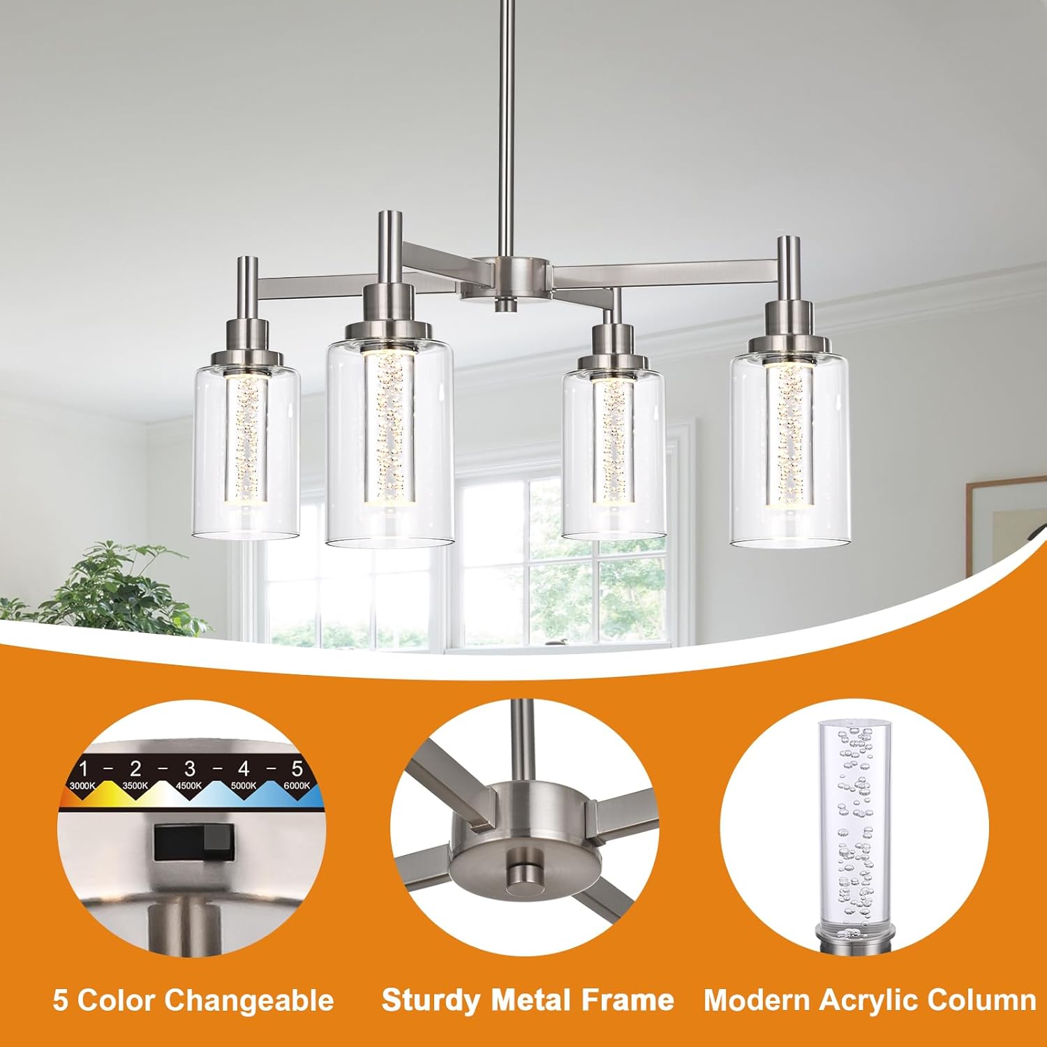 VINLUZ LED 4-Light Brushed Nickel Chandelier for Dining Room, Modern Farmhouse Chandelier with Clear Bubble Crystal Glass Shades, Ceiling Pendant Light with Adjustable Swivel Heads for Kitchen Hallway