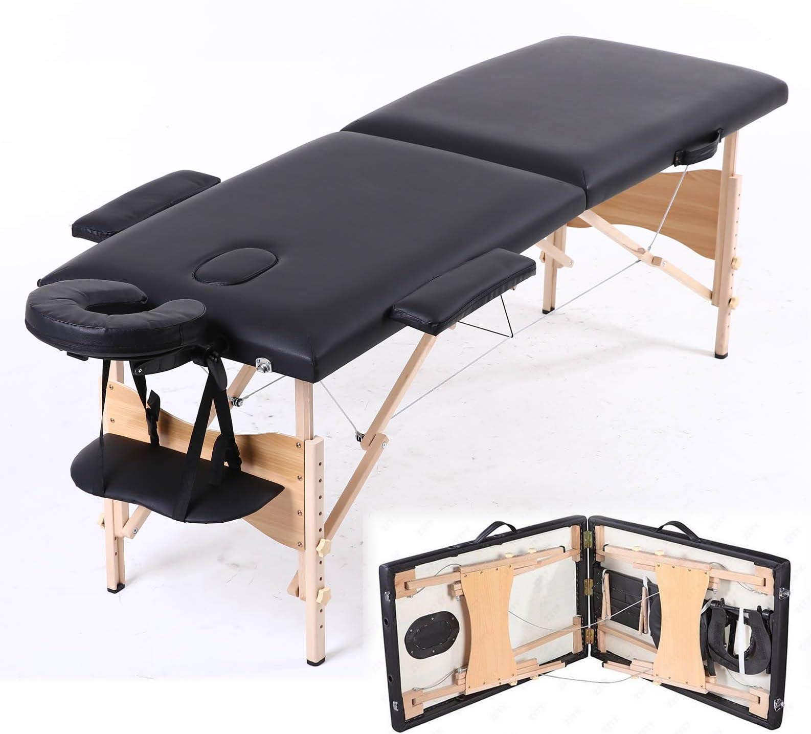 Potable Folding Massage Table Couch Bed Oil-Proof for Beauty Salon Tattoo Therapy 2 Sections Lightweight Wooden Frame with Carry Bag 230kgs Capacity - Black
