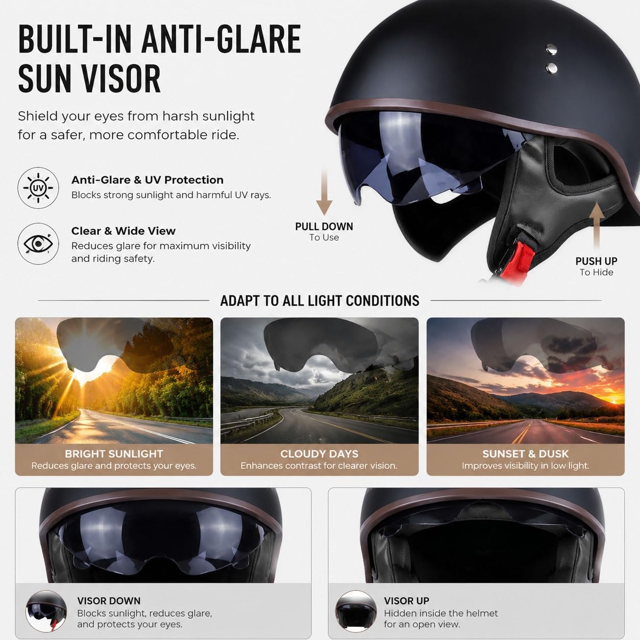 Retro kask motocyklowy półotwarty, homologacja ECE, z wbudowaną osłoną i szybkim zapięciem, unisex do skutera