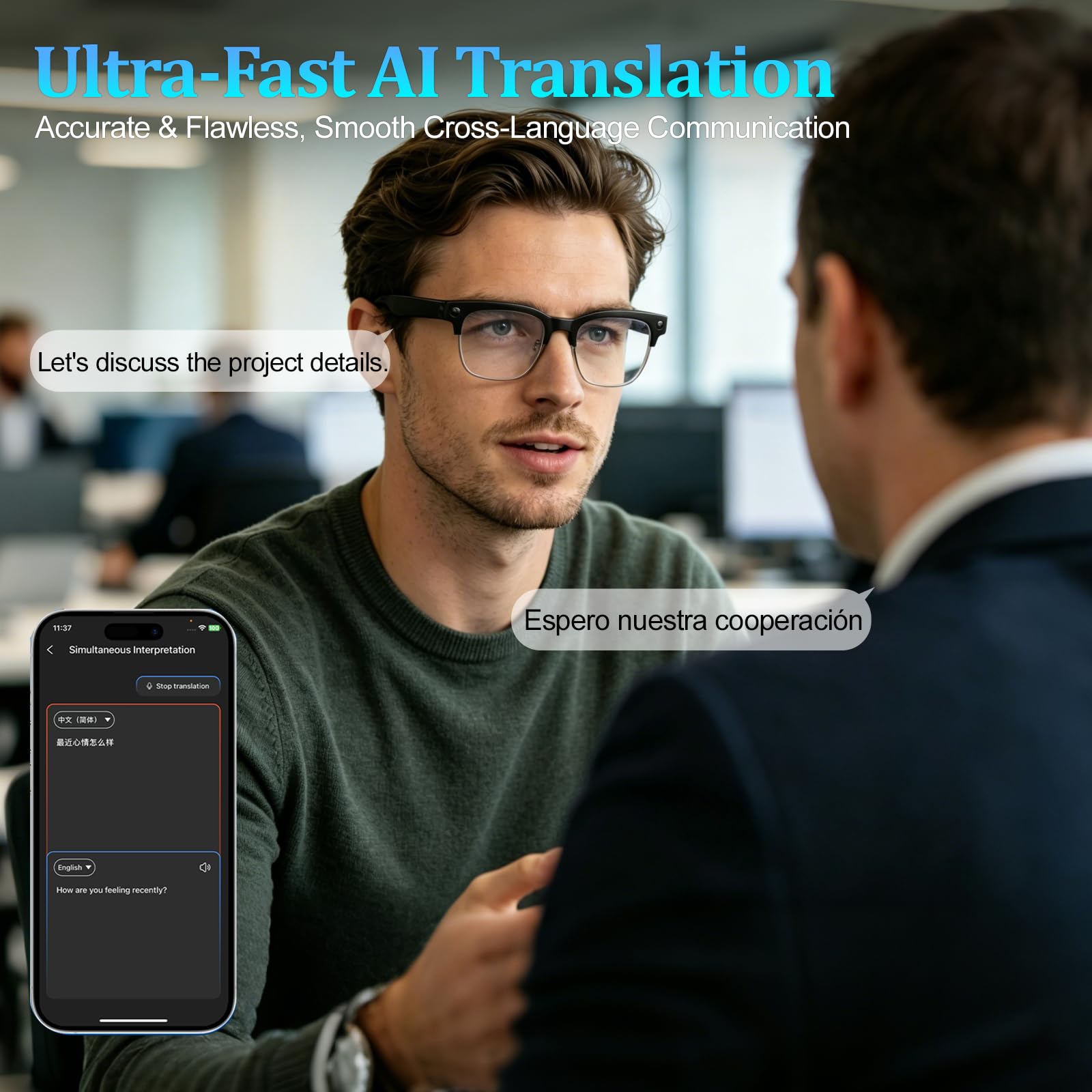 Occhiali intelligenti AI con fotocamera, occhiali di traduzione AI in tempo reale con lenti che cambiano colore per viaggi, sport, uso all'aperto