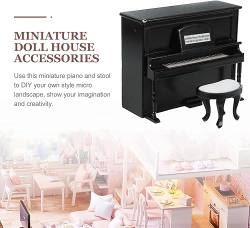 Miniatura 4 de GANAZONO 1 juego de piano de casa de muñecas 112 en miniatura de simulación de madera vertical con taburete para fotos de casa de muñecas,