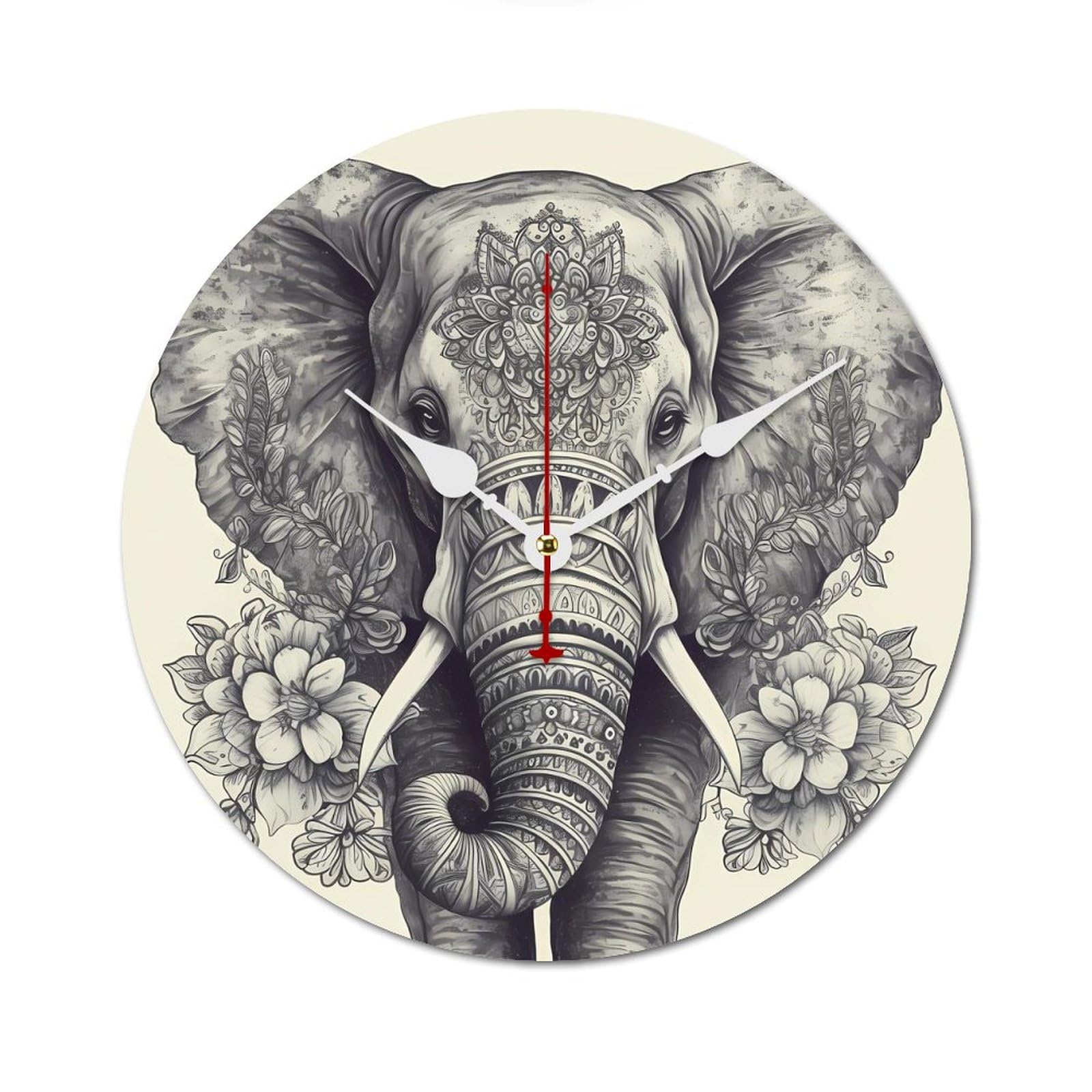 Horloge murale éléphant dessinée à la main en bois silencieuse à piles