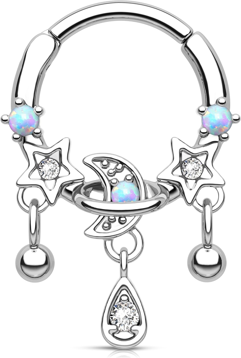 Melighting 16G Septum Ring Opal Septum Jewelry Stainless Steel 316L Dangle Star Daith Piercing Jewelry Clear CZ Cartilage Earring for Women