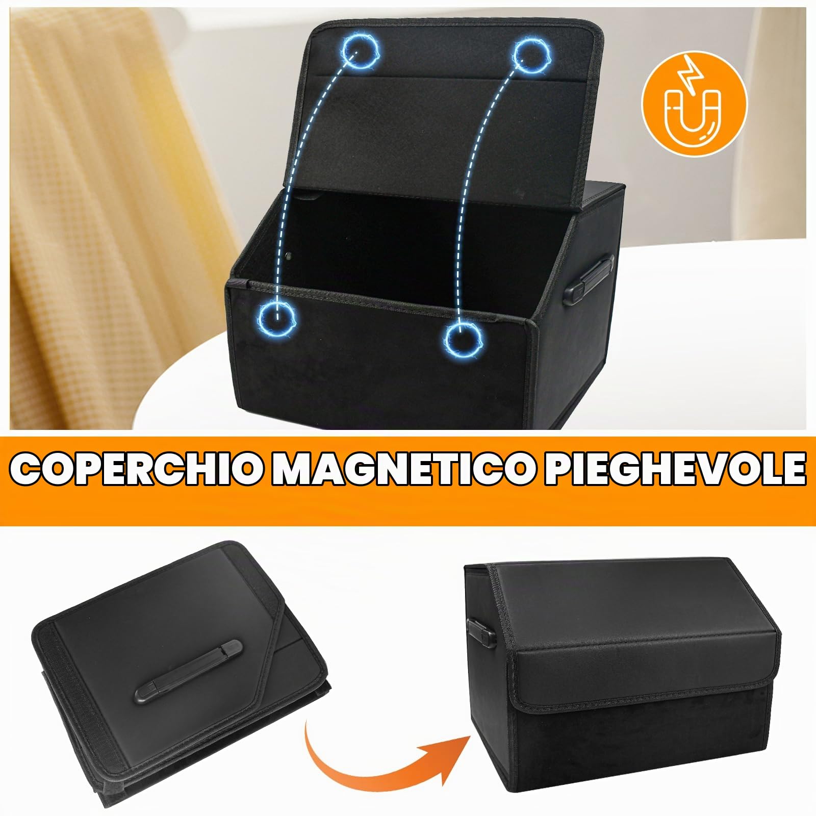 Organizer Bagagliaio Auto Pieghevole Borsa per Bagagliaio per Auto PU Contenitore per il Bagagliaio dell’Auto con Copertura Magnetica per Camper SUV Camion