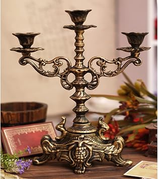 Cast Iron Candle Holder for Fireplace, 3 Arms Candlestick/Dining Table Chamberstick for Pillar Candles, Antique Candelabra Christmas Holiday Decor
