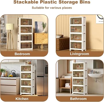 4 Tiers Foldable Storage Bins, 72QT Per Stackable Plastic Storage Bins With Magnetic Double Door and Smooth Wheels Stackable Storage Containers for Snacks, Books