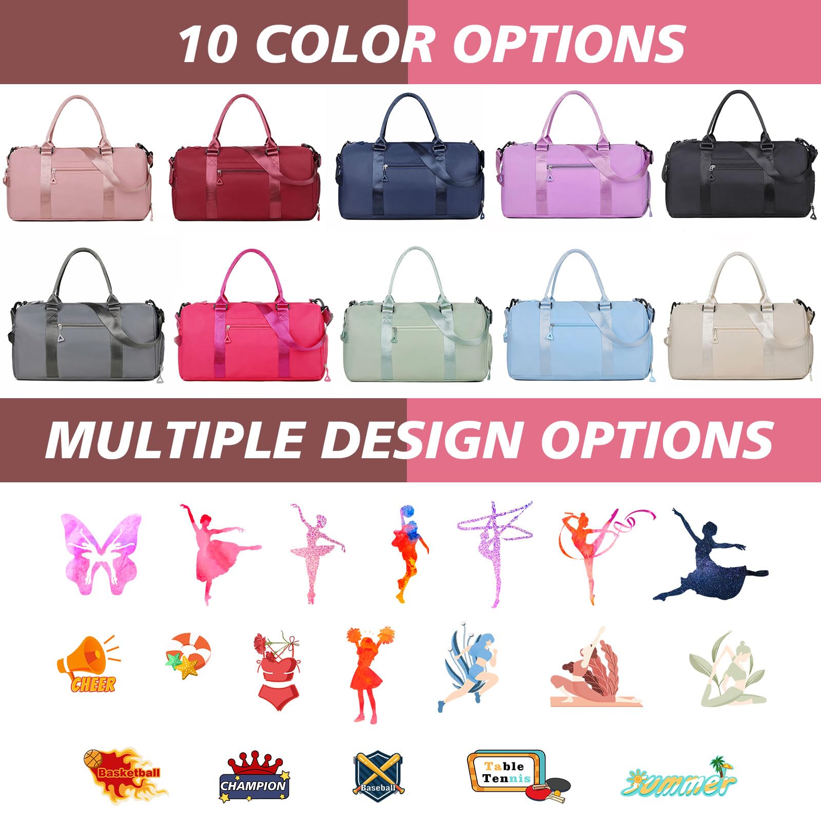 Sac de Sport Brodé Personnalisé avec Bretelles, Poches Humides et Sèches et Compartiment à Chaussures - Rose