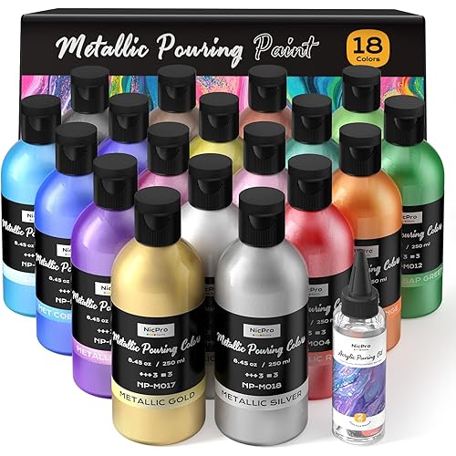 Nicpro 18 Colors 8.45oz Metallic Acrylic Pour Paint Supplies Kit, Large Volume Ready to Pour Premixed High Flow Pouring Paint Set with Silicone Pouring Oil, Gloves, Instructions for Beginner DIY