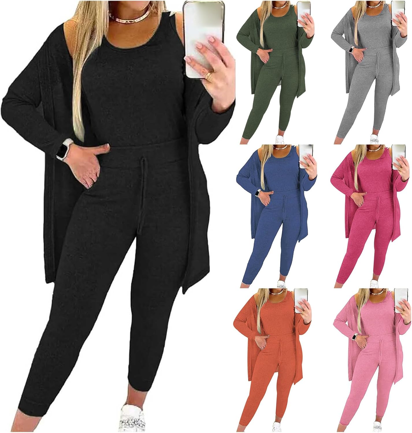 3 Piece Lounge Sets for Women Fall Fashion 2025 Outfits Tank Top Long Sleeve Cardigan and Pants Sets Loungewear