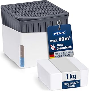 WENKO Déshumidificateur Cube 1000 g, pour pièces Jusqu’à 80 m³, elimine l'humidité, Anti moississure, sans électricité, Silencieux, Rechargeable, Blanc