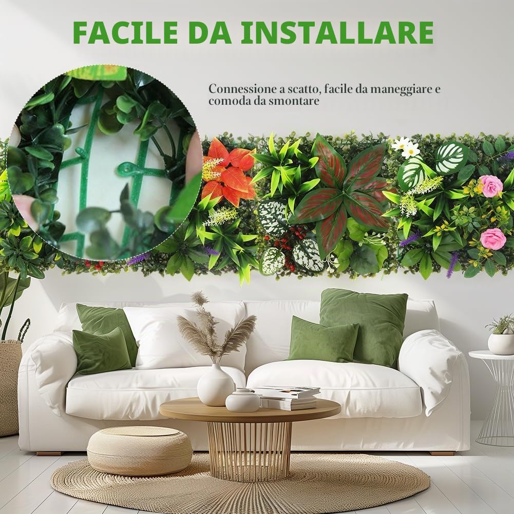 Piante artificiali da parete, 4 pezzi, per esterni, 25 x 25 cm, decorazione per la casa