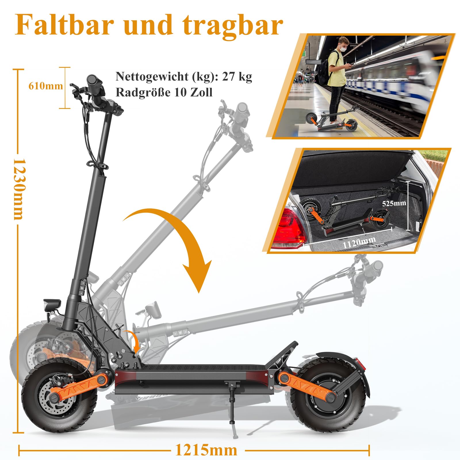 JOYOR E Scooter Roller S/Y/F-Serie, Reichweite von 40-100 km, Escooter 150 kg Tragkraft Einzel/Doppelmotoren, E Roller mit 10-Zoll-Geländereifen