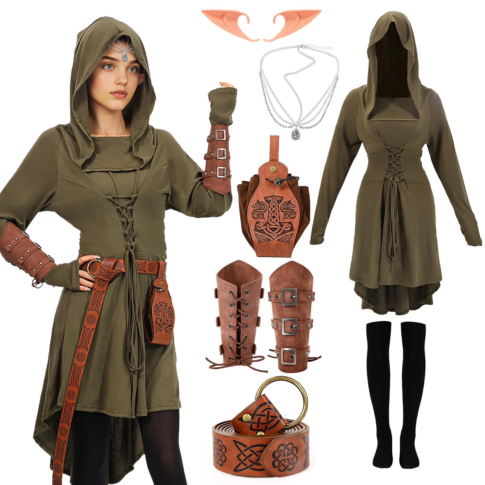 7PCS Renaissance Medieval Costume Women, Hooded Dress Lace Up Fairy Outfits with Vintage Faux Leather Arm Pouch Belt Props (Army Green, Large)