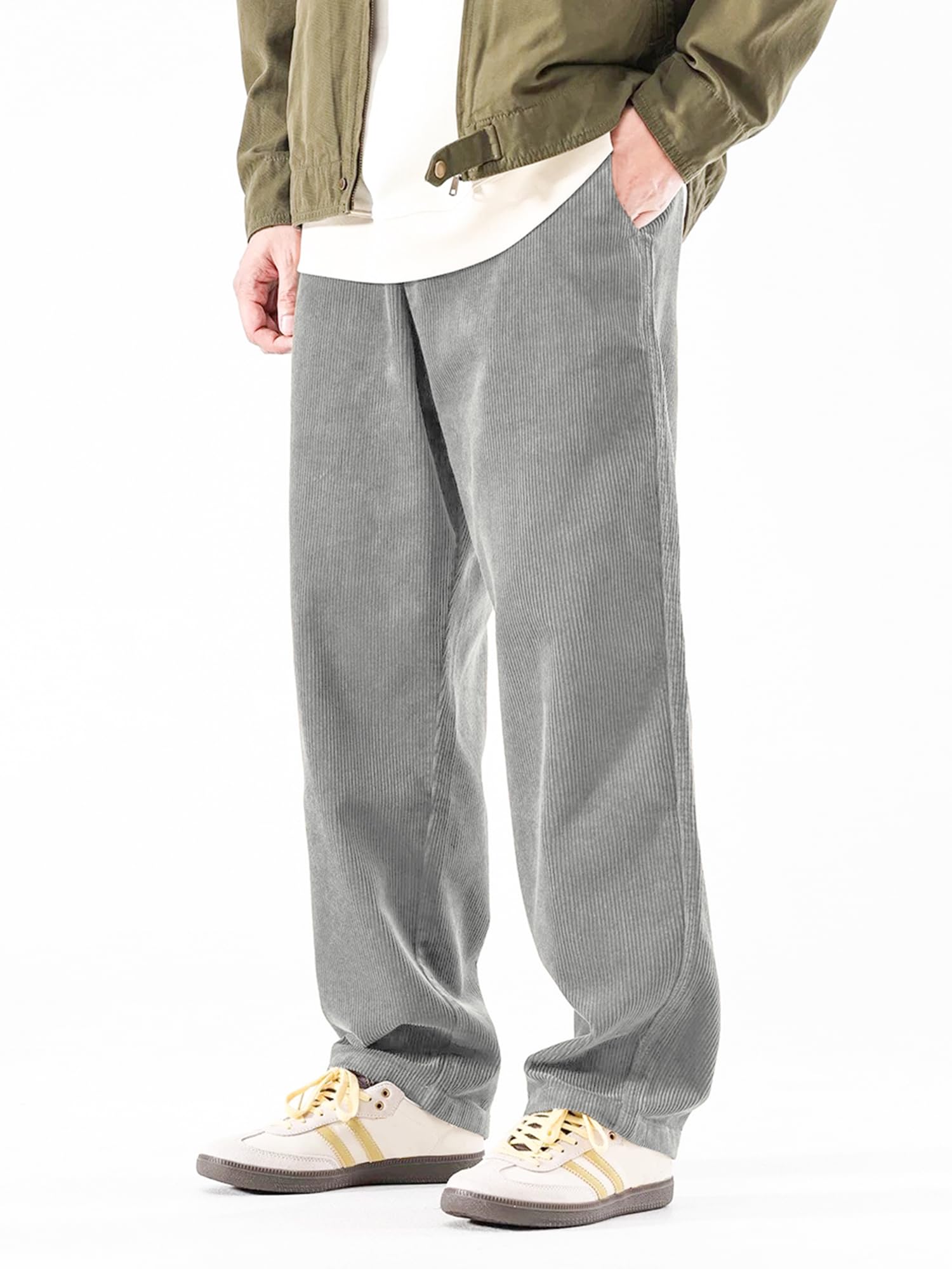 PLEPAN Mens Corduroy Pants Baggy Wide Leg Loose Fit Drawstring Elastic Waist Sweatpants Vintage Pants, Gray, X-Large