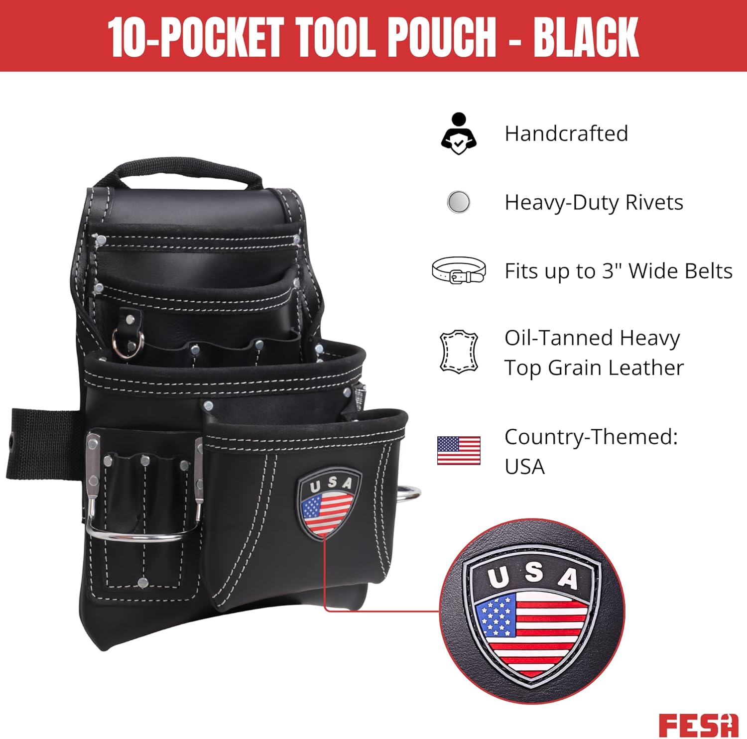 FESA Leather Carpenter Tool Pouch - 10-Pocket Heavy Top Grain Leather Carpenter Pouch with 2 Hammer Loops, Large & Small Pockets - Fits Work Belts up to 3" - Handcrafted - Country-Themed