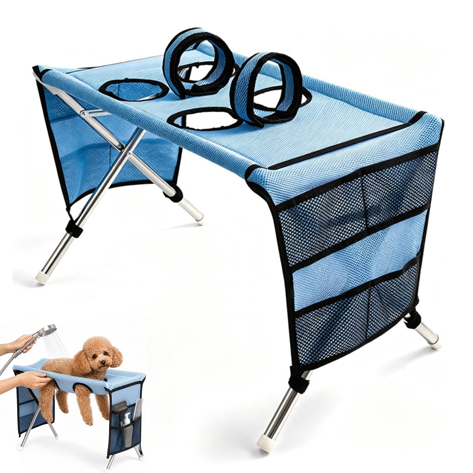 CHENRI 2-in-1 Foldable Pet Grooming Bed – Breathable Mesh Cat & Dog Bathing Station with Storage Pockets, Pet Grooming Hammock with Stand, Home Pet Hammock for Cats and Small Dogs Grooming，B-Blue