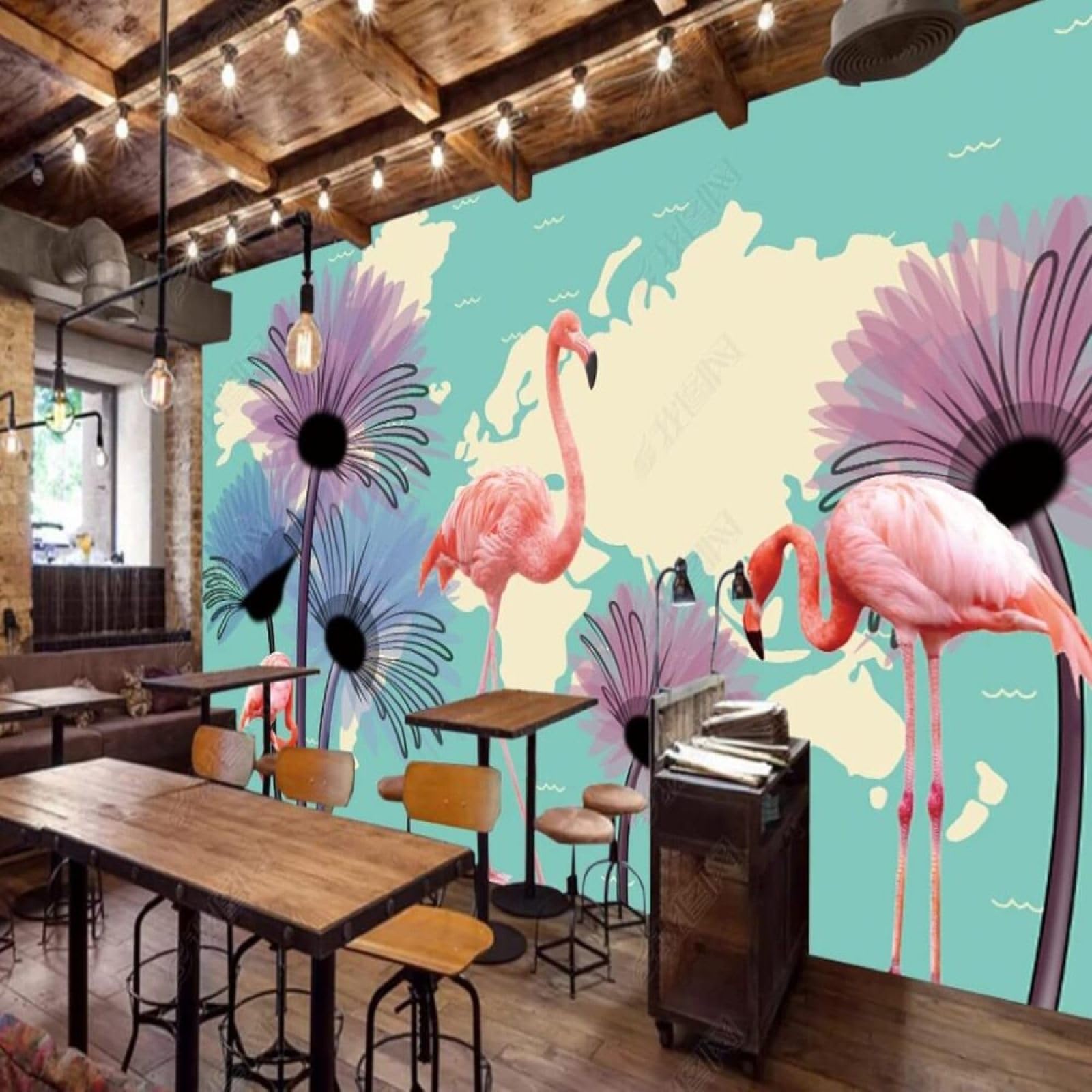 Papel pintado de flamencos y flores artísticas para dar vida y alegría al estudio