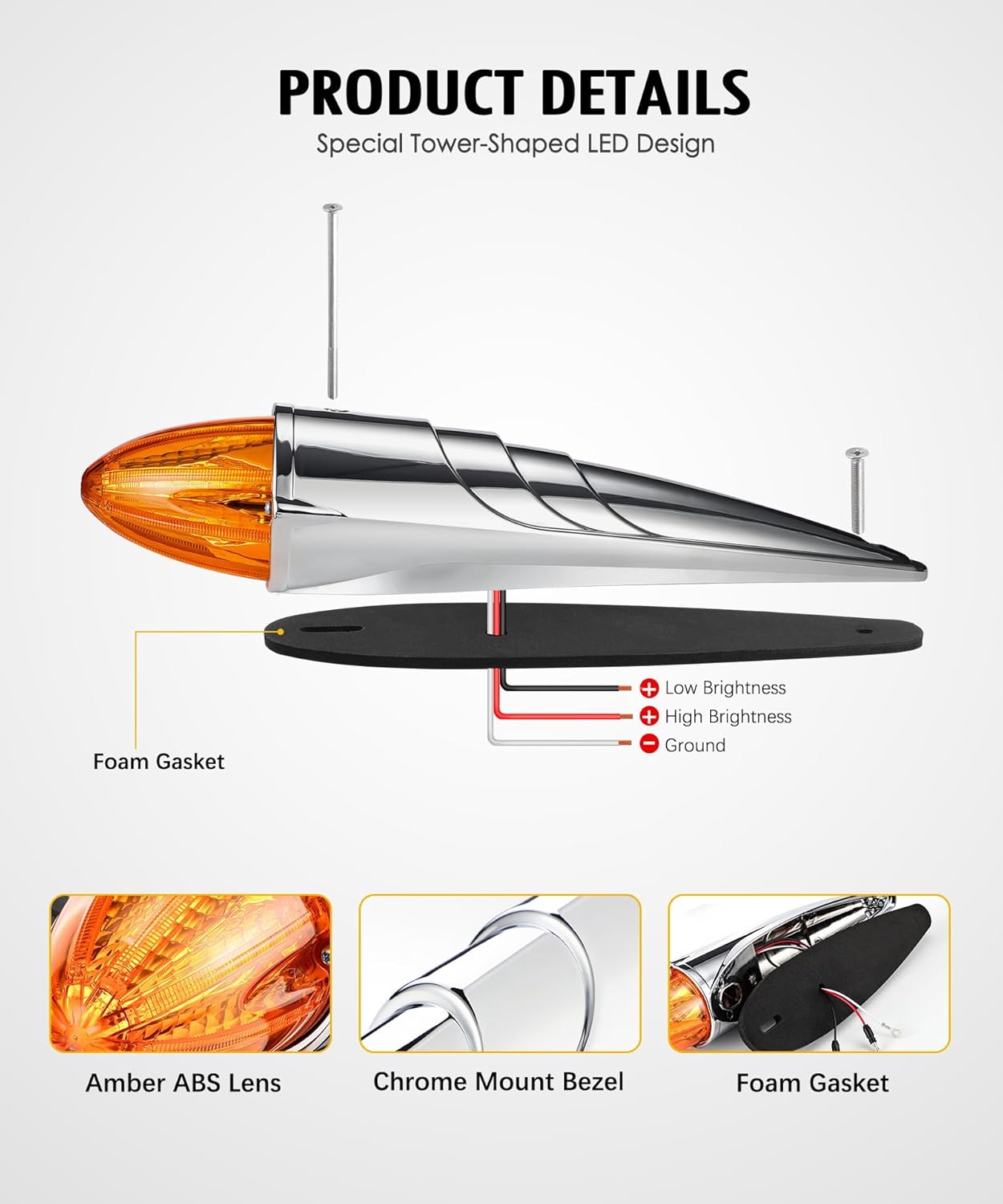 Partsam 5Pcs Amber Torpedo Cab Marker, LED High/Low Brightness Chrome Roof Running Lights Assembly Clearance Lights Compatible with International/Peterbilt/Freightliner/Mack, DOT Compliant
