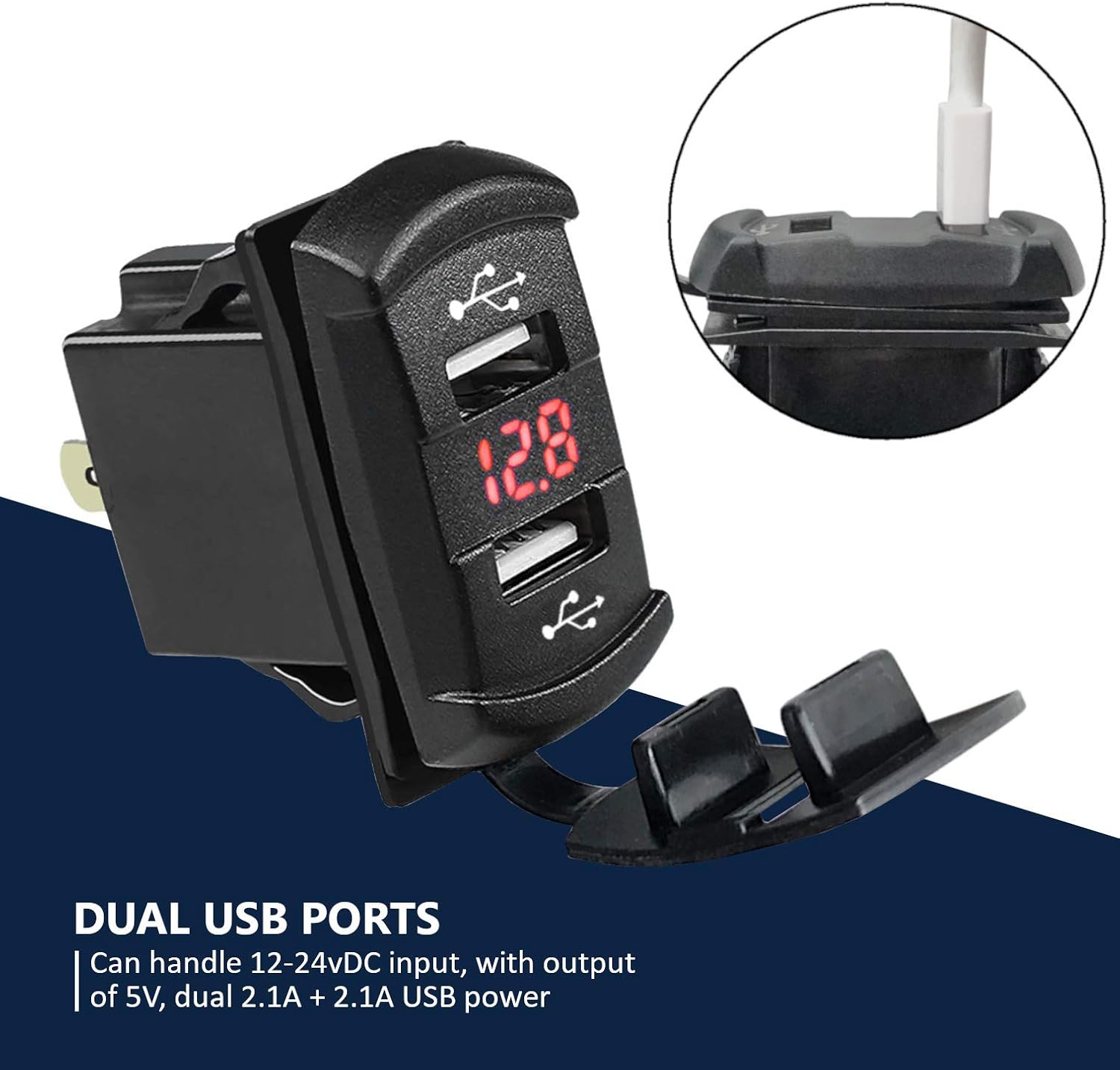 MGI SpeedWare Dual USB Charger with Voltmeter, 12-24v with LED Digital Display (Blue)