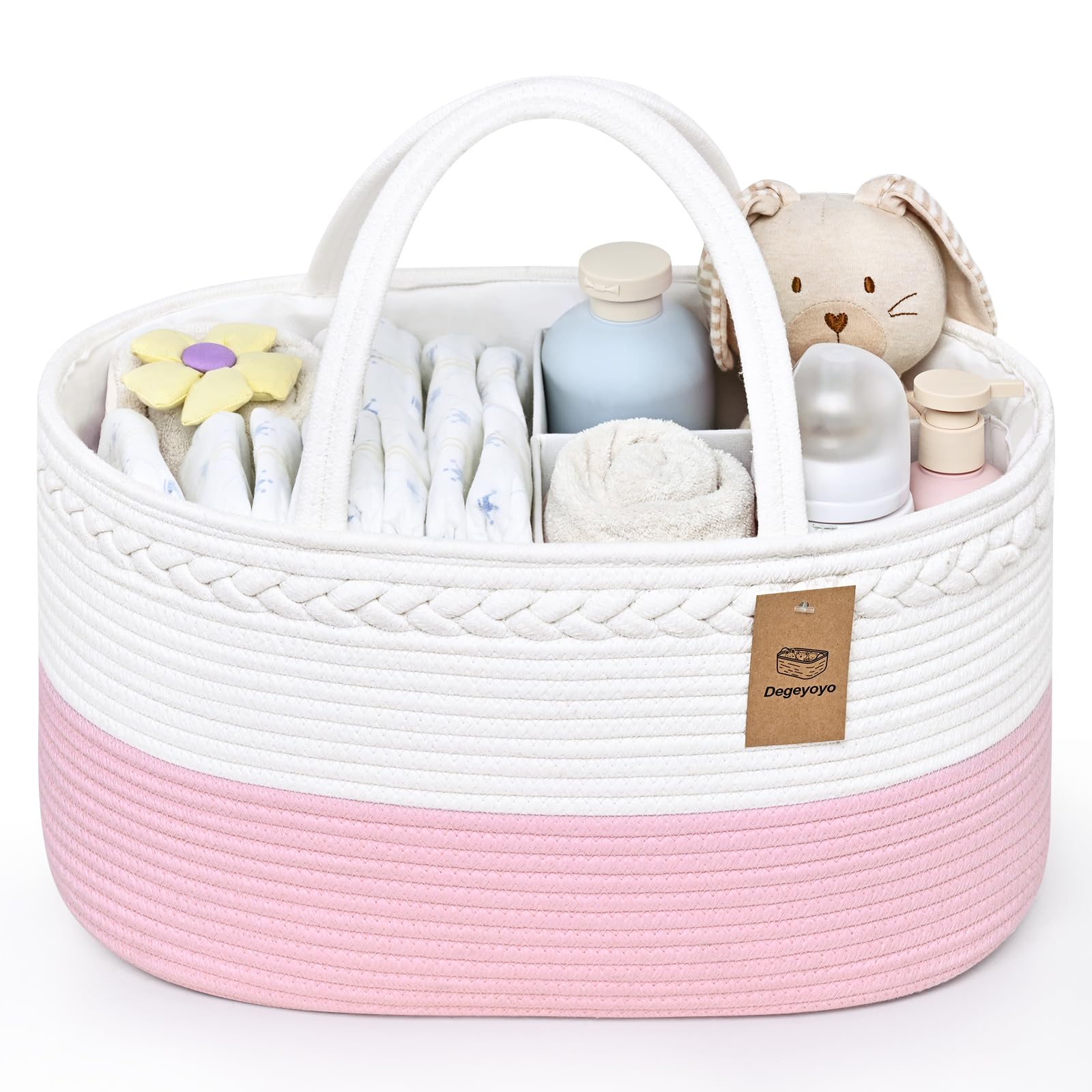 19L Baby Diaper Caddy Organizer, 16.8"x9.8"x9" Cotton Rope Diaper Basket, Changing Table Storage Caddy With Removable Divider, Baby Basket for Nursery