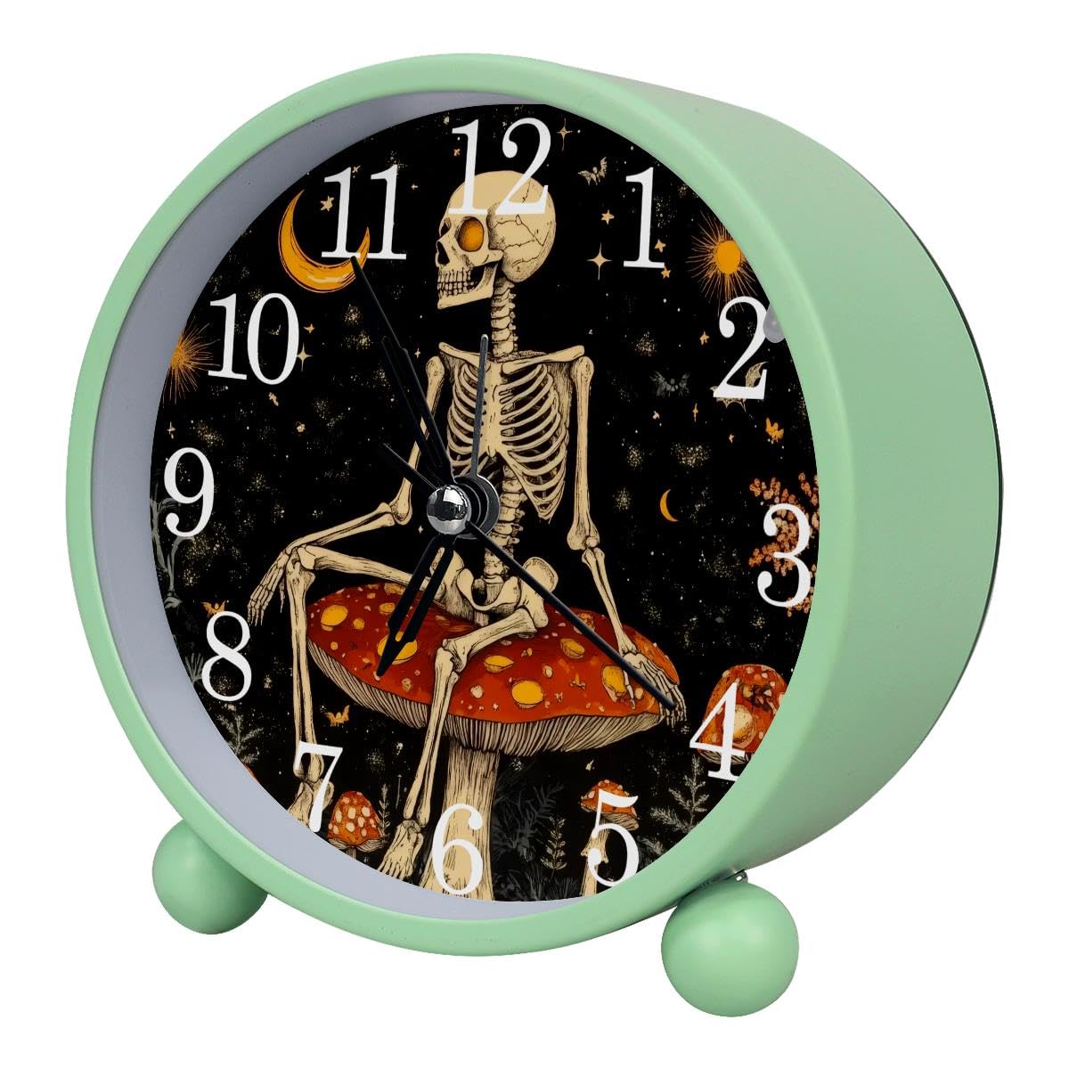 Luoweisi Alarm Clock Skeleton Mushroom, Silent Non-Ticking with Night Light, Round Metal Alarm Clock for Office, Battery Operated, Bedroom, Elderly, Adults, Children, Student Gifts