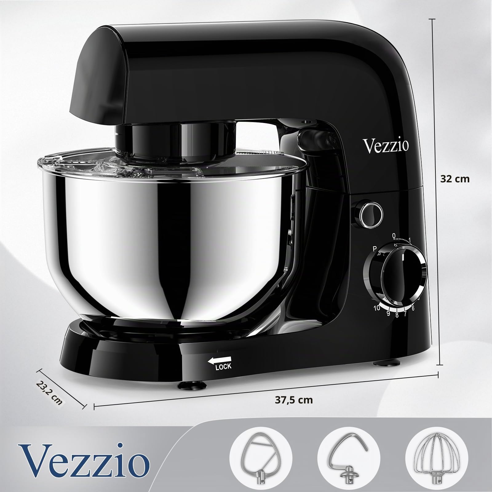 Vezzio Robot Pâtissier, 4,5 L | 1500 watts mélangeur de pâte compact avec crochet de pétrissage, fouet, protection contre les éclaboussures et système de mélange planétaire à 10 vitesses(Noir)